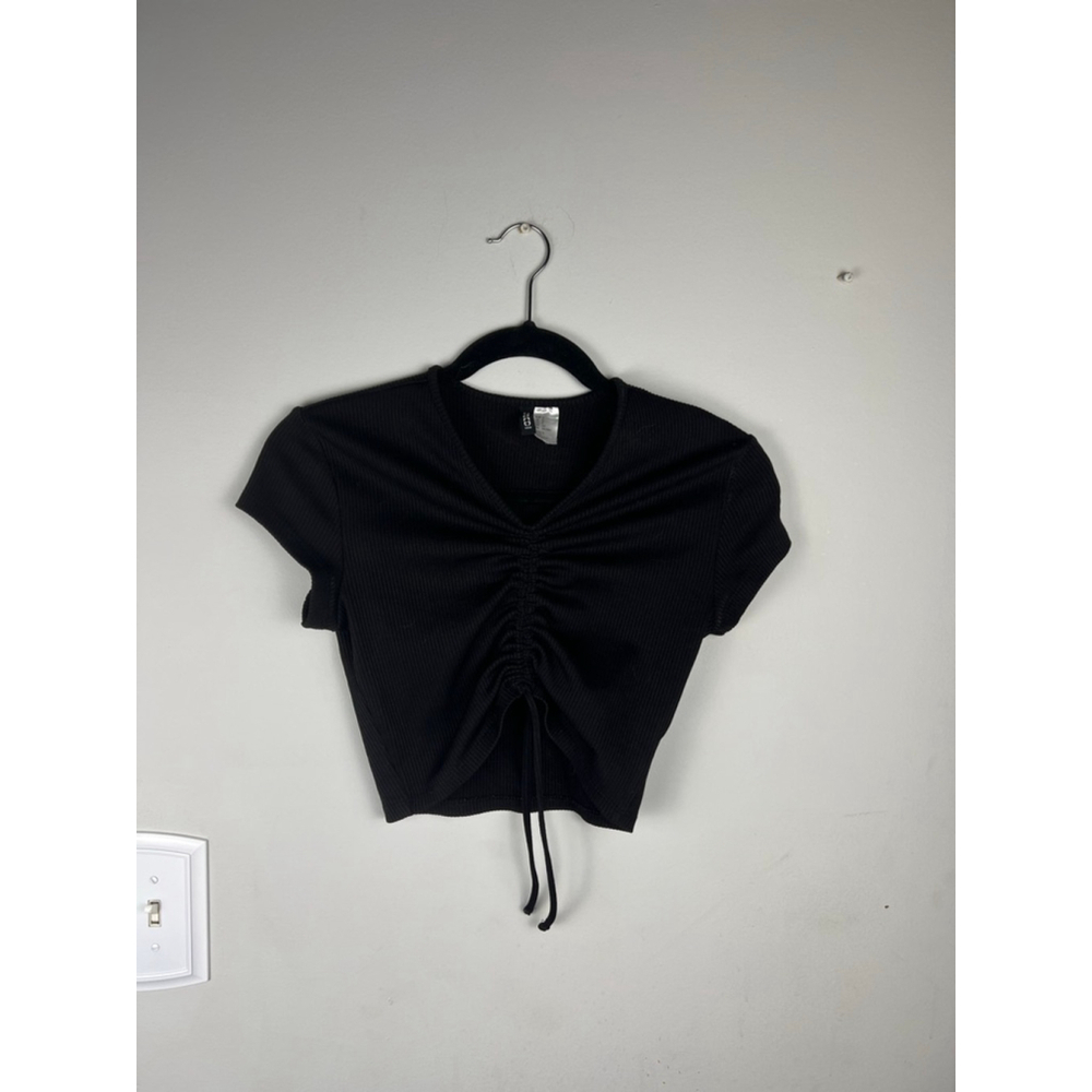 H&M Divided Black Ribbed Ruched Drawstring Crop Top Size S